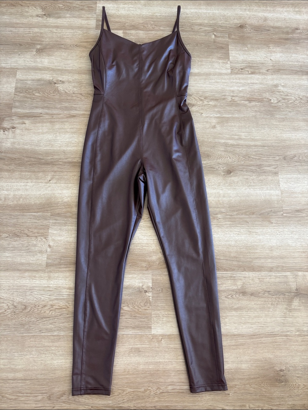 Offline (AE) Faux Leather Slim Jumpsuit - Chocolate Brown